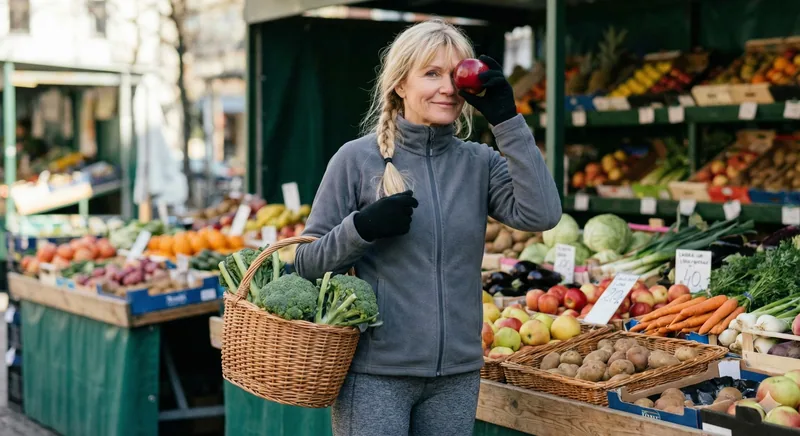 A woman choosing fresh produce at an outdoor market while holding a red apple
