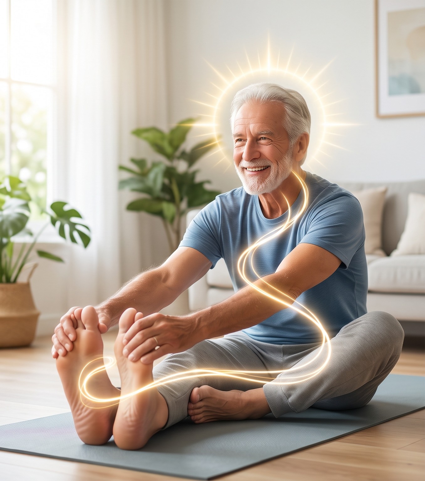 An older man stretching toward his feet on a yoga mat