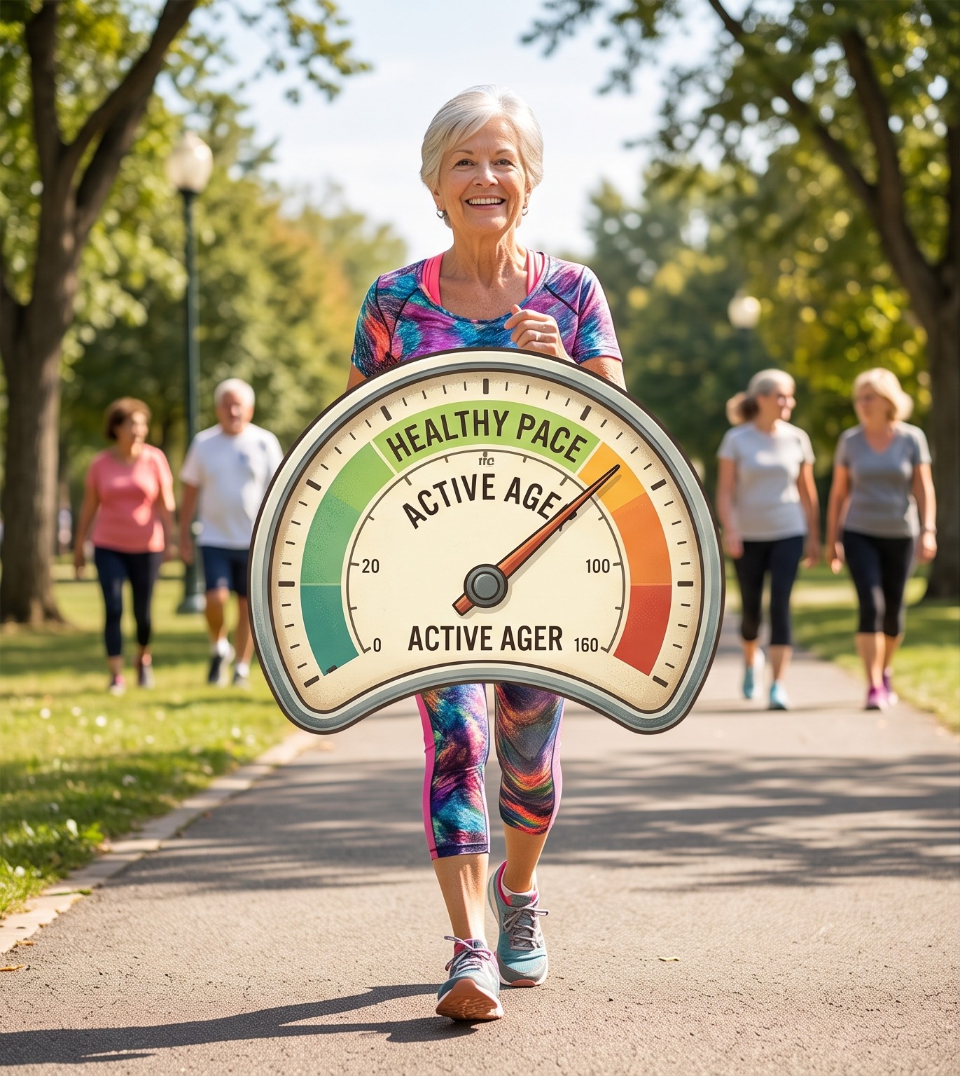 An older woman walking in a park with a playful healthy-pace dial