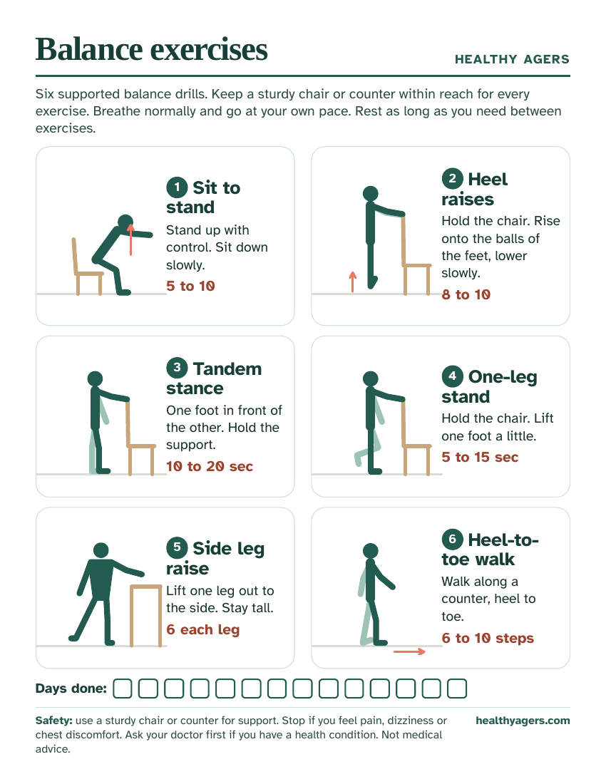 Preview of the free printable balance exercises sheet